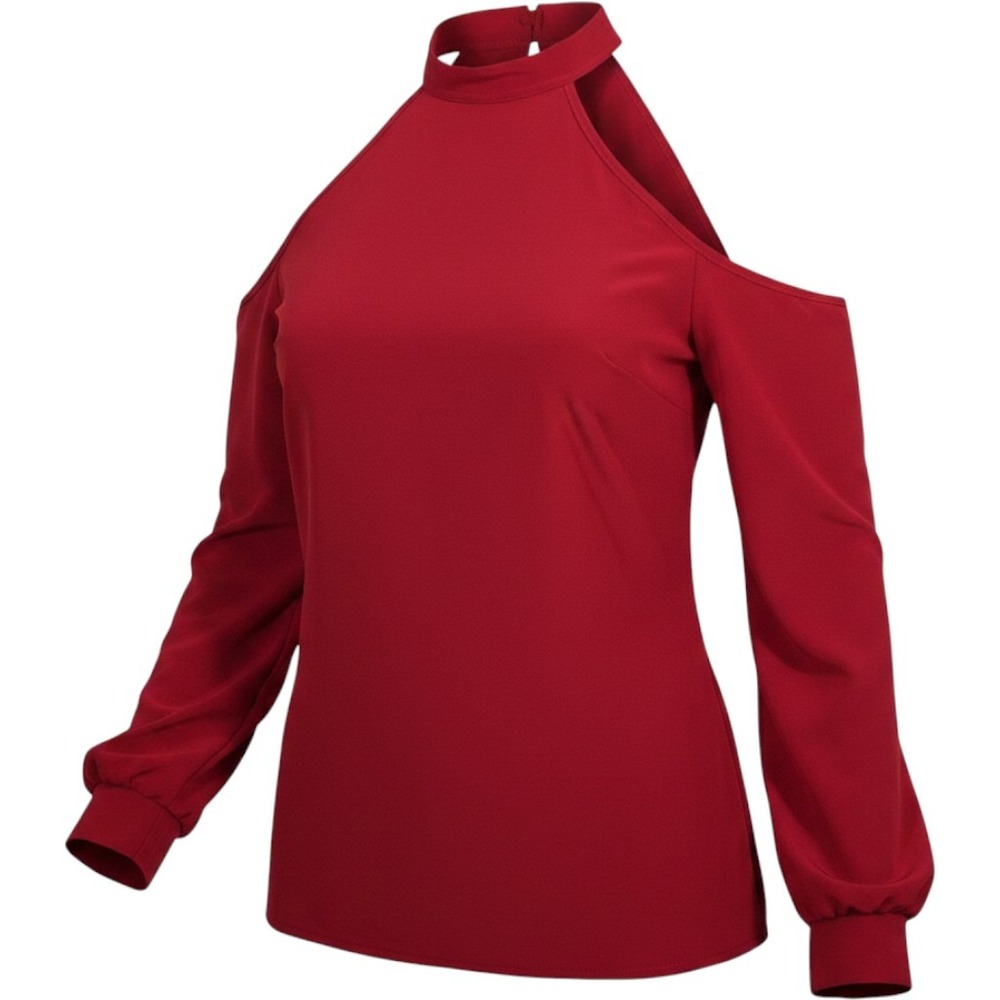 Exlura‎ Blouse Women Small Red Cold Shoulder Halter Neck Long Sleeve Top